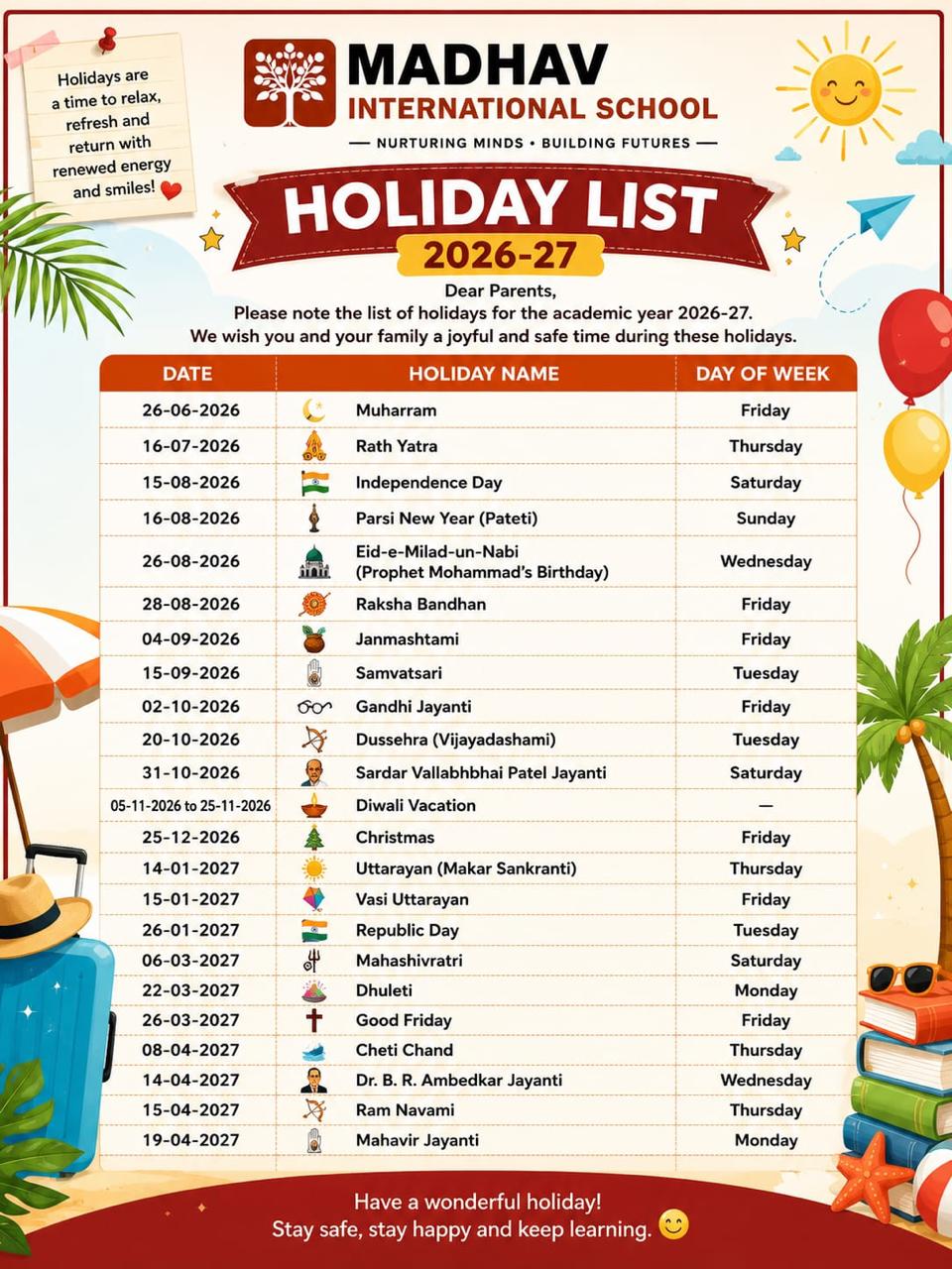 Holiday List 2026–27